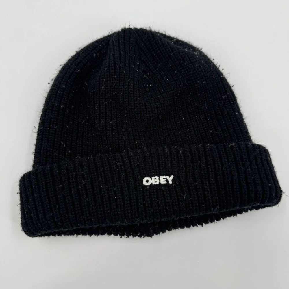 OBEY Knit Beanie Hat Black‎ Ribbed Cuff Logo Winter Warm